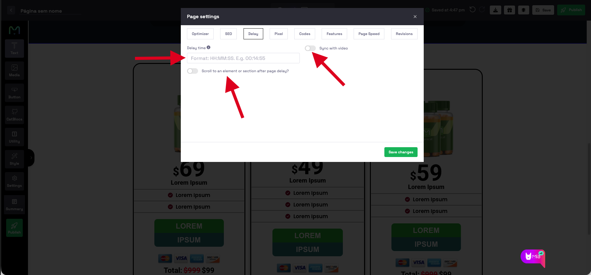 Page delay settings in Atomicat showing delay time, Sync with Video, and scroll options