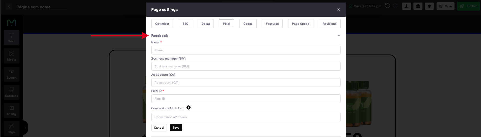 Facebook Meta Pixel settings in the Atomicat Pixel tab