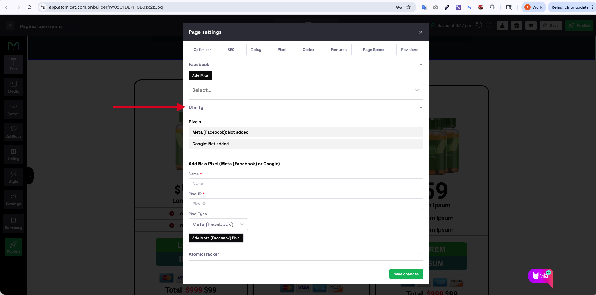 UTMify pixel settings in the Atomicat Pixel tab